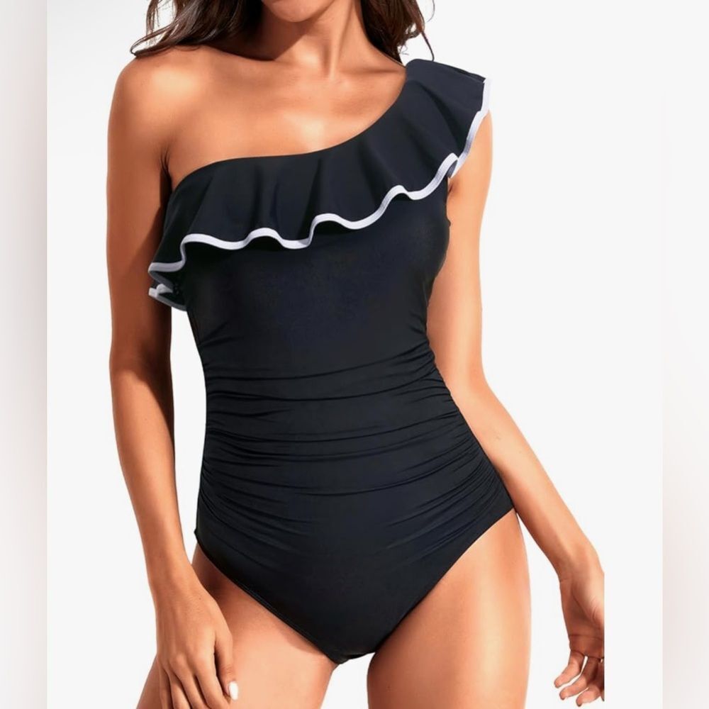 Tempt Me Women’s Black One Piece Swimsuit Tummy Control 1 Shoulder Ruffle L NWT